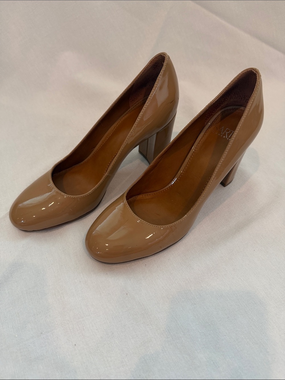 SARTO By Franco Sarto Tan Patent Round-Toe Block Heel Pumps
